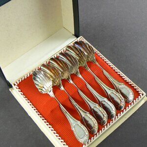 VINTAGE COLLECTABLE BELLINI PLATA SHELL SHAPED 6 SPOONS IN ORIGINAL BOX